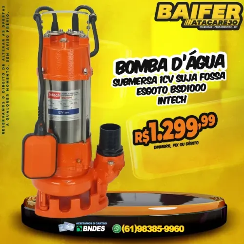 Bomba Dágua Submersa 1Cv Suja Fossa Esgoto Bsd1000 Intech