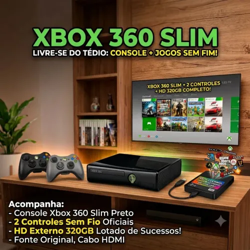Xbox 360 Slim com vários jogos