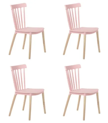 Combo 4 cadeiras sala de jantar modelo Windsor base madeira e polipropileno rosa