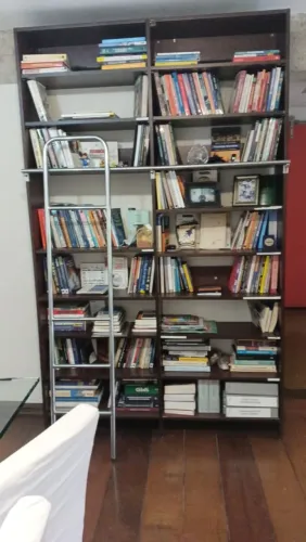 Estante de livros de madeira com escada