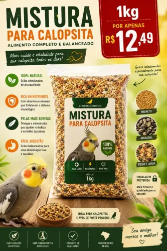 Mistura para calopsita 1kg | Alimento completo para aves | R$ 12,49