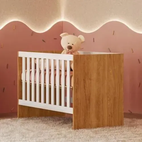 Berço com Regulagem de Altura 100% MDF Soft Americano Amadeirado/Branco - Tigus Baby