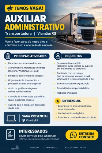 Auxiliar Administrativo | Viamão/RS | Vaga Presencial