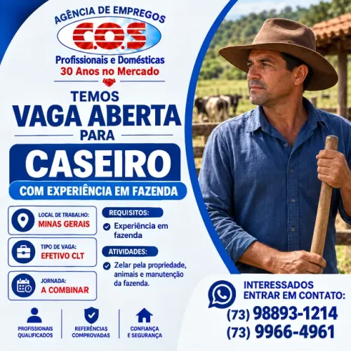VAGA ABERTA DE CASEIRO PARA MINAS GERAIS