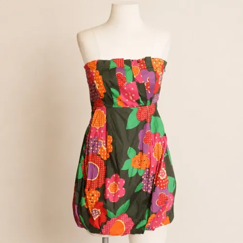 Vestido Farm M Tomara que Caia Balonê Floral Preto Algodão e Viscose