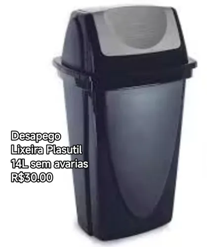 LIXEIRA PLASUTIL 14L PRETA TAMPA CINZA 