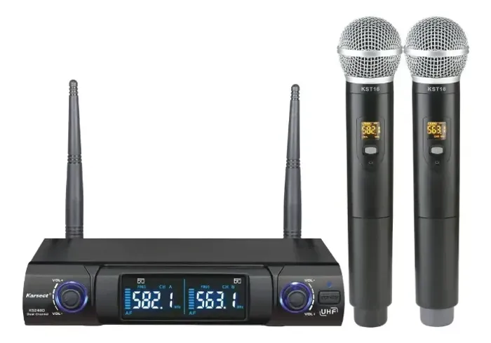 Microfone Sem Fio Karsect Ks248dm Duplo Mão Uhf 96 Freq Cor Preto