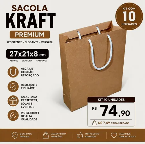 Sacola Kraft Premium 27x21x8 cm Com Alça de Cordão | Sacola Presente / Loja / Delivery