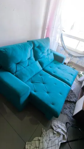 Sofá retrátil e reclinável azul Tiffany suede