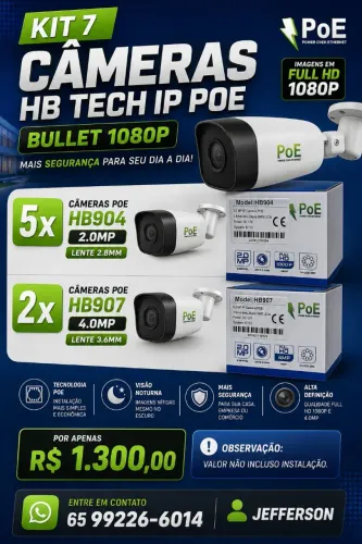 Kit 7 Câmeras de Segurança HB TECH IP POE - Bullet 1080P