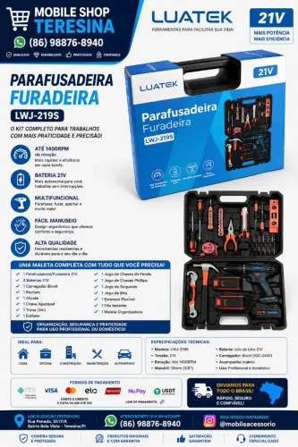 Parafusadeira Furadeira 21V Kit Completo c/ Maleta Luatek LWJ-219S
