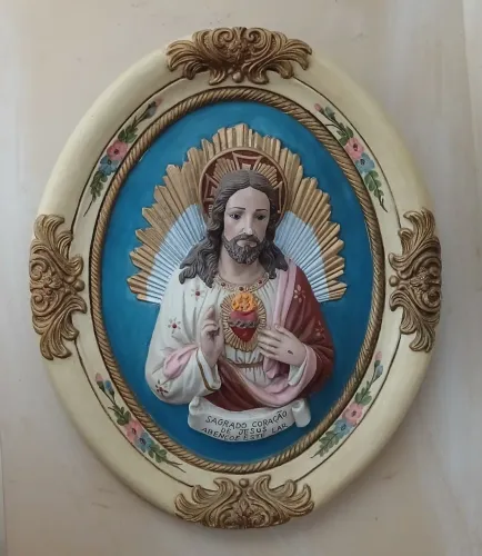 Belo quadro em gesso do Sagrado Coração de Jesus estilo barroco 48x40cm