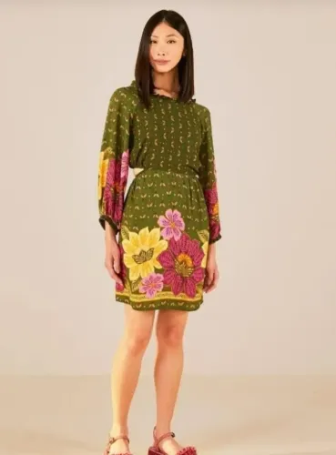 Vestido Farm Curto Estampado Jardim de Tucanos - Tamanho P