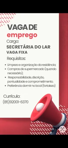 Vaga para secretaria do lar