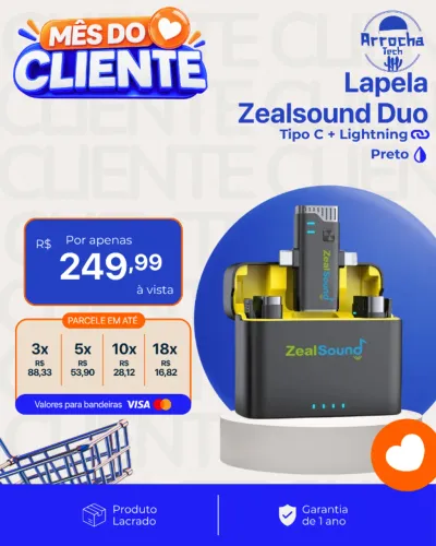 Microfones Sem Fio Lapela ZealSound - Tipo C e Tipo Lightning - Lacrado