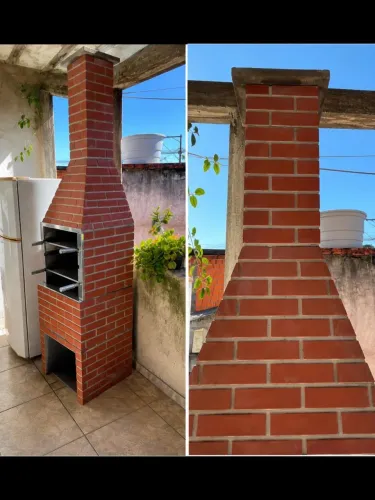 Churrasqueira de alvenaria em tijolos com chaminé e grelha regulável