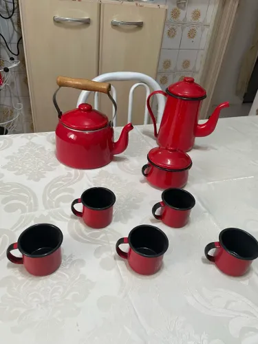 Jogo Bule Esmaltado 1,25l + Chaleira 5 Canecas 70ml Açucareiro