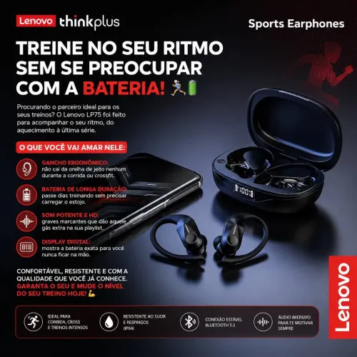 Fone bluetooth lp75 de gancho excelente para prática de exercícios duração de até 14horass