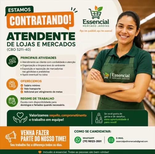 Vaga para atendente de loja e mercado para o ramo de minimercado