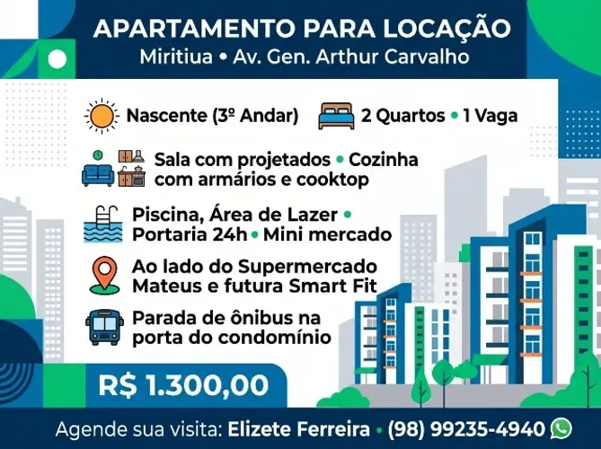 APARTAMENTO PARA ALUGAR - AV. GENERAL ARTHUR CARVALHO (MIRITIUA) COND. PORTINARI.