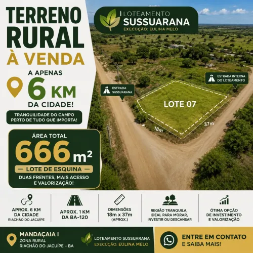 TERRENO RURAL 666m2 / Apenas 6km de Riachão