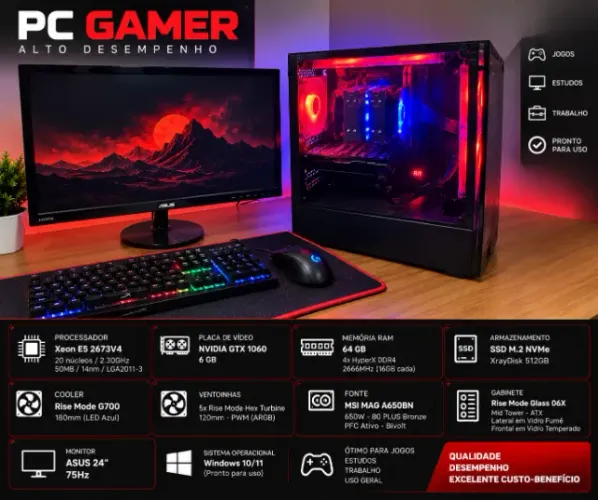 PC Gamer Xeon 20 Núcleos + GTX 1060 6GB + 64GB RAM + SSD NVMe + Monitor 24?