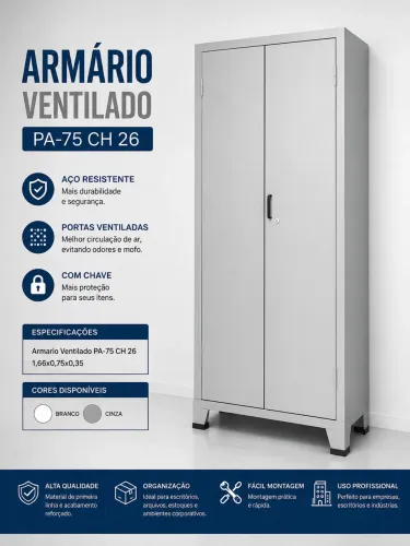 Armario Ventilado PA-75 CH 26 1,66x0,75x0,35 Branco e cinza