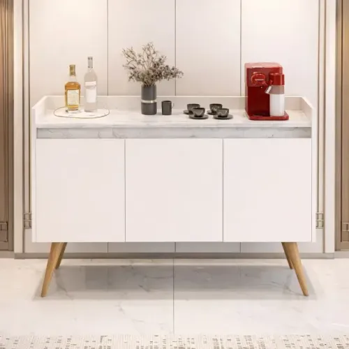 Oferta! Buffet Gold Marmorizado 3 portas Off/Marmore Branco