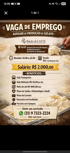 Vaga de emprego bacio de late pátio Savassi
