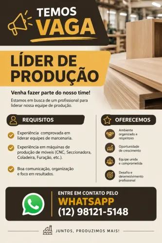 Vaga para líder de marcenaria salário acima da media