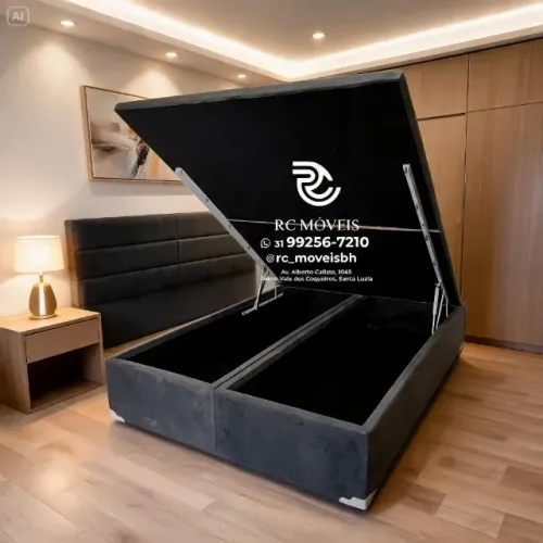 Cama Box Baú King 1,93x2,03 Bipartido Pistão a Gás Suede Cinza Premium