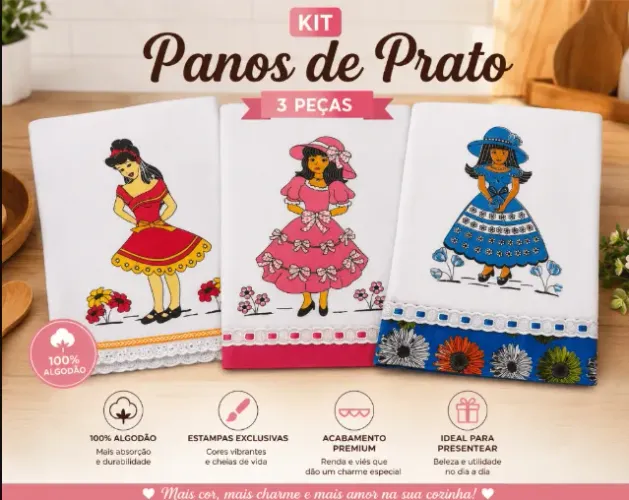 Kit 3 Panos de prato estampados ideal para sua cozinha