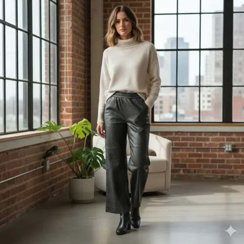 calça feminina pantalona couro fake