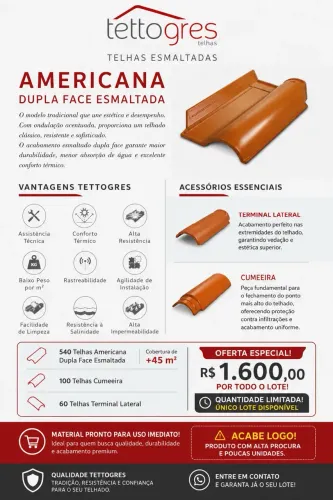 Telhas americana dupla face, lateral e cumeeira