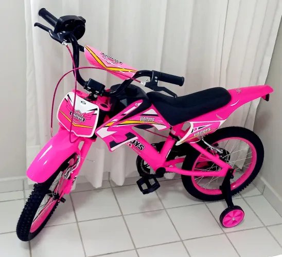 Bicicleta Bike Moto Cross 16 Rosa com Som de Moto - SEMINOVA (usada poucas vezes)