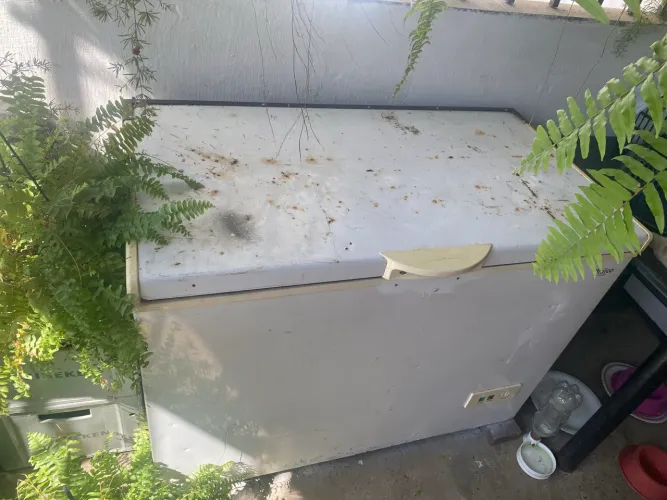 freezer funcionando perfeitamente com uma porta e com marcas de uso