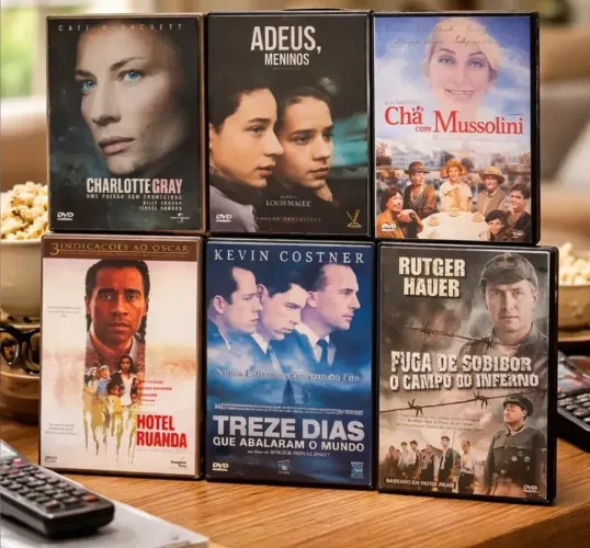 Kit de 6 filmes em DVDs originais tema drama guerra: Hotel Ruanda,13 dias abalaram mundo 