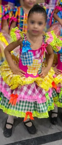 vestido caipira com babados xadrez e apliques de flores tam 5
