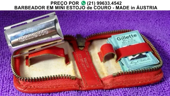 Antigo Barbeador em mini estojo em couro genuíno. 