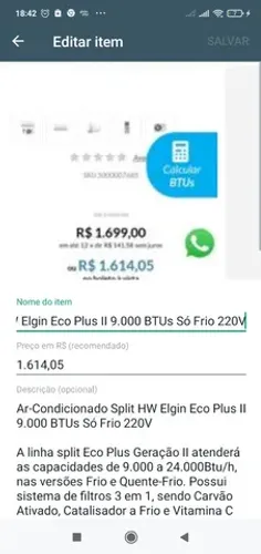 AR CONDICIONADO ELGIN ECO PLUS 9 MIL BTUS 
