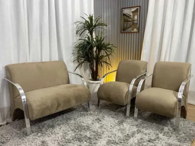 Conjunto de Poltronas 2x1x1 Lugares Bege Braço Alumínio