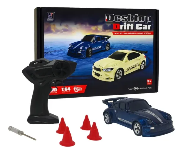 Carrinho Drift C/ Controle Remoto 2.4g 4x4 Recarregável 1:64 Cor Azul Personagem Porsche