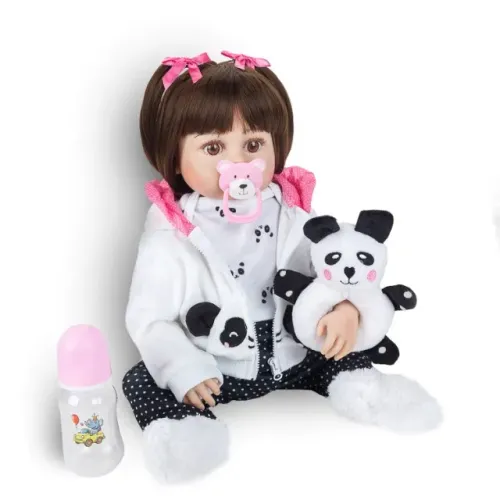 Bebê Pandinha Boneca Reborn Menina Panda 48cm Corpo De Silicone Pode Tomar Banho