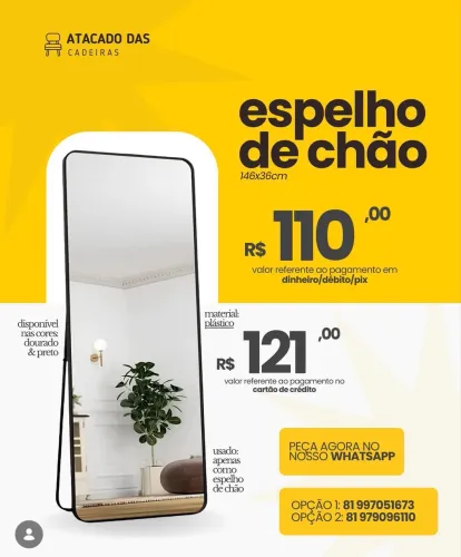 Espelho de chão decorativo é no Atacado das cadeiras
