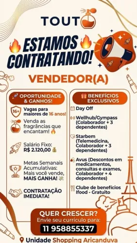 VAGA INICIO IMEDIATO SHOPPING ARICANDUVA 