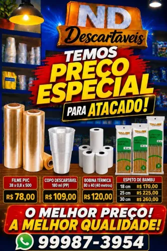 Filme PVC, Copo descartável, Bobina térmica, Espeto bambu 