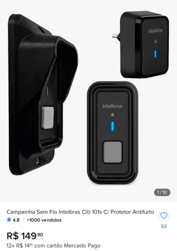 Campainha Sem Fio Intelbras Cib 101s C/ Protetor Antifurto