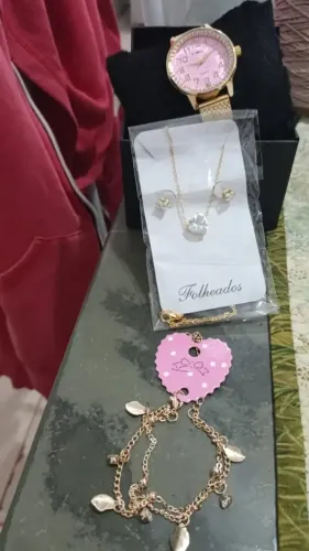 Kit Relógio Feminino Colar Brinco Pulseira Folheado Presente - (contém caixa para relógio)