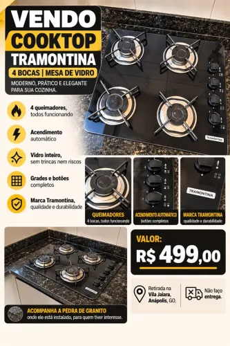 Cooktop Tramontina 4 bocas, vidro preto