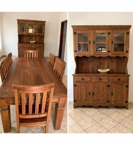Conjunto mesa com 6 cadeira e cristaleira madeira